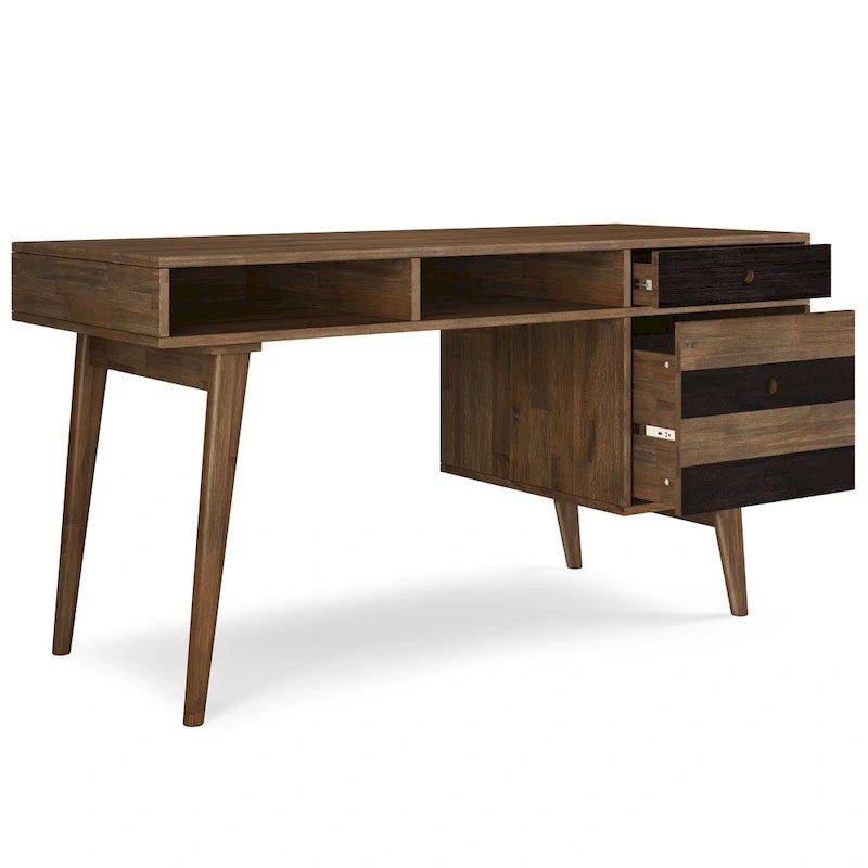 Solid Wood Mid-Century Modern 60 Inch Wide Desk with Drawers Rustic Brown