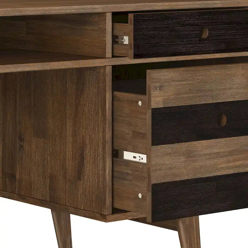 Solid Wood Mid-Century Modern 60 Inch Wide Desk with Drawers Rustic Brown