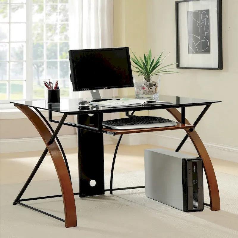 Modern Glass Computer Desk with Keyboard Tray Oak Black