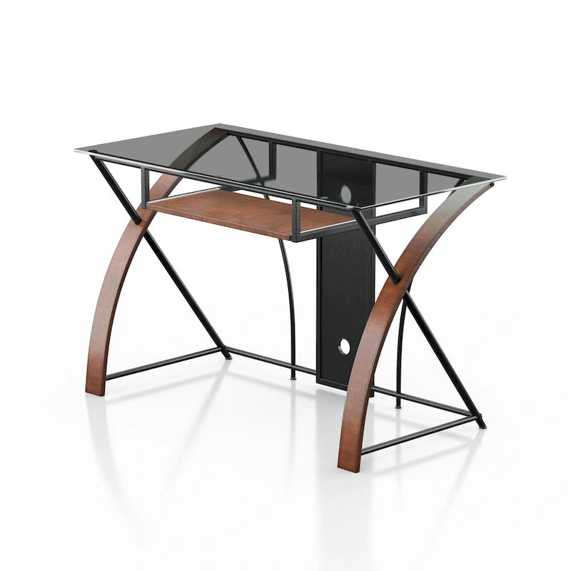Modern Glass Computer Desk with Keyboard Tray Oak Black