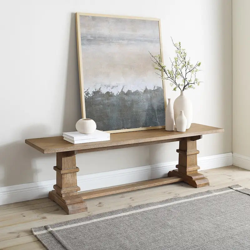 Rustic Brown Farmhouse Dining Bench with Trestle Pedestal Base