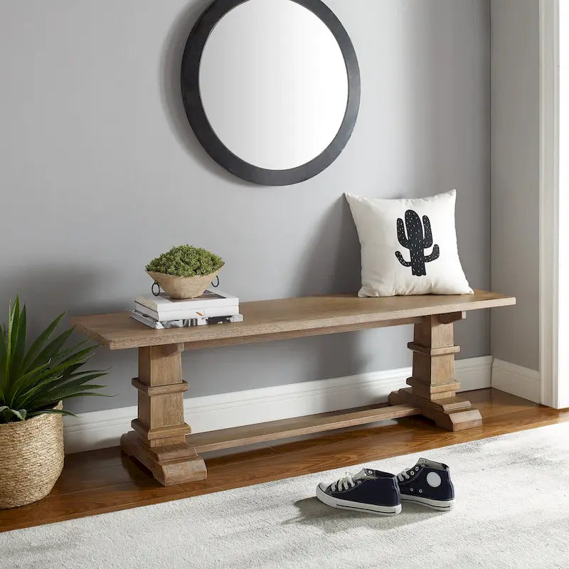 Rustic Brown Farmhouse Dining Bench with Trestle Pedestal Base