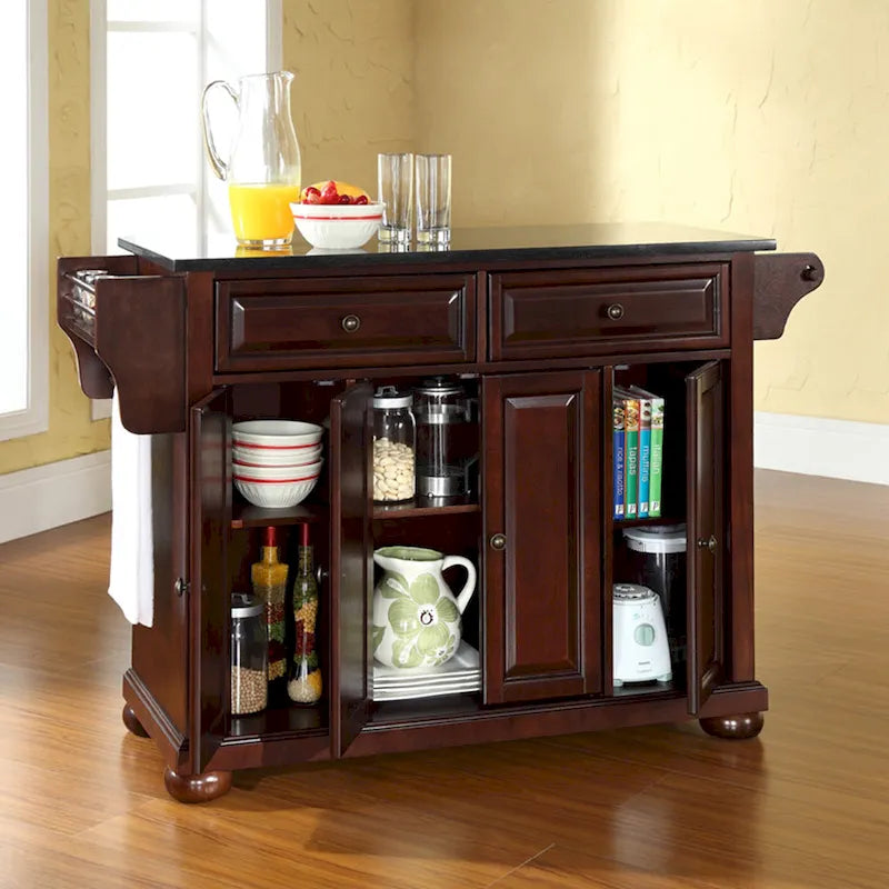 Mahogany Granite Top Stationary Kitchen Island with Storage Cabinet