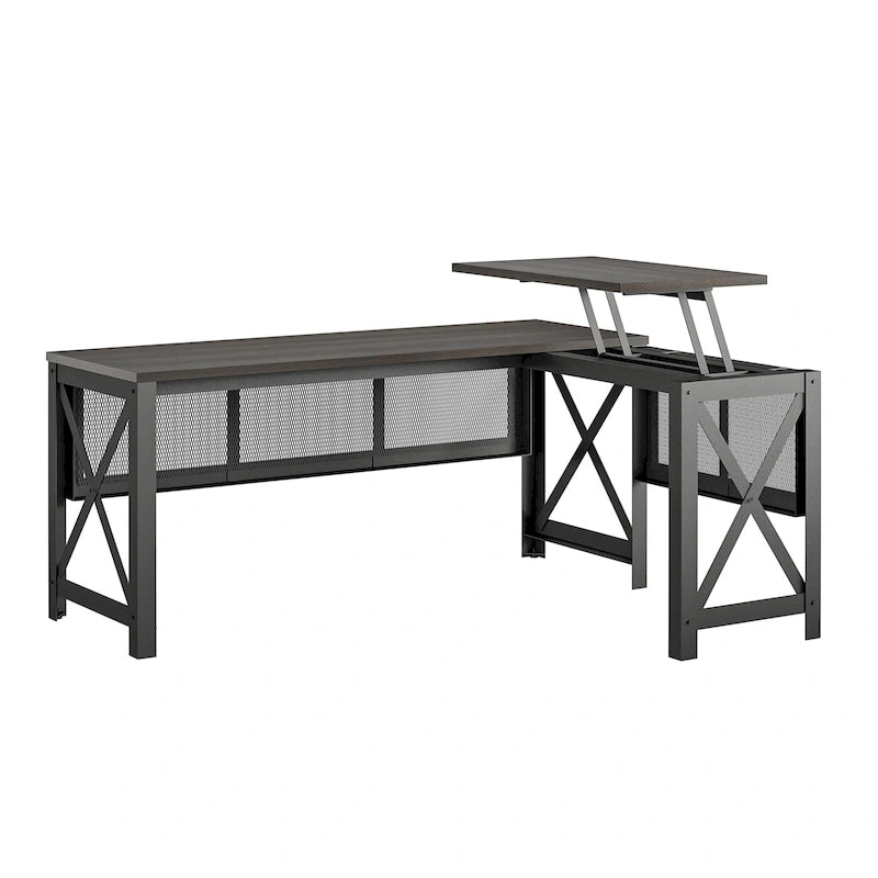 L-Shaped Lift Top Desk Rustic Industrial Walnut MDF Metal Frame Home Office