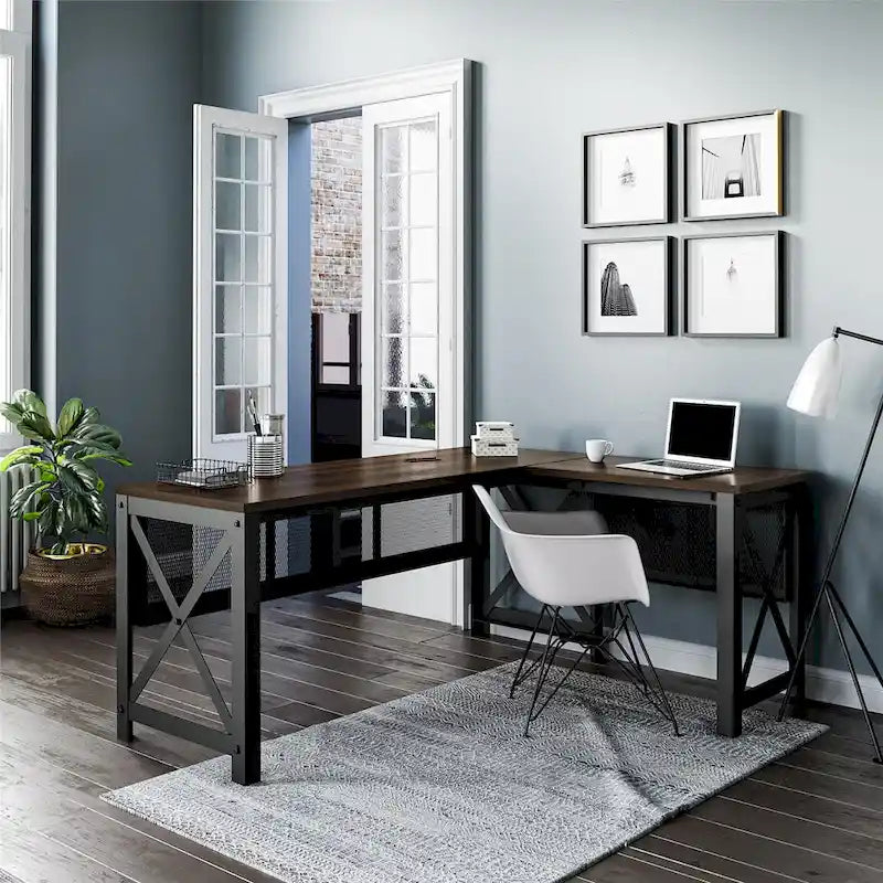 L-Shaped Lift Top Desk Rustic Industrial Walnut MDF Metal Frame Home Office