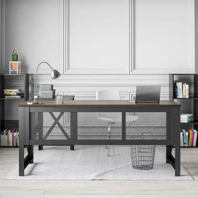 L-Shaped Lift Top Desk Rustic Industrial Walnut MDF Metal Frame Home Office