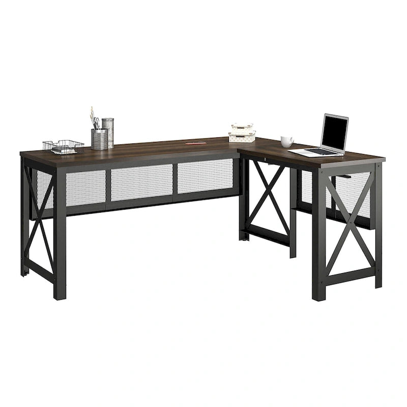 L-Shaped Lift Top Desk Rustic Industrial Walnut MDF Metal Frame Home Office