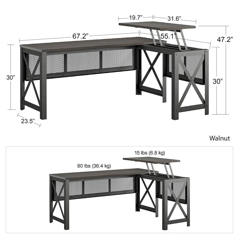 L-Shaped Lift Top Desk Rustic Industrial Walnut MDF Metal Frame Home Office