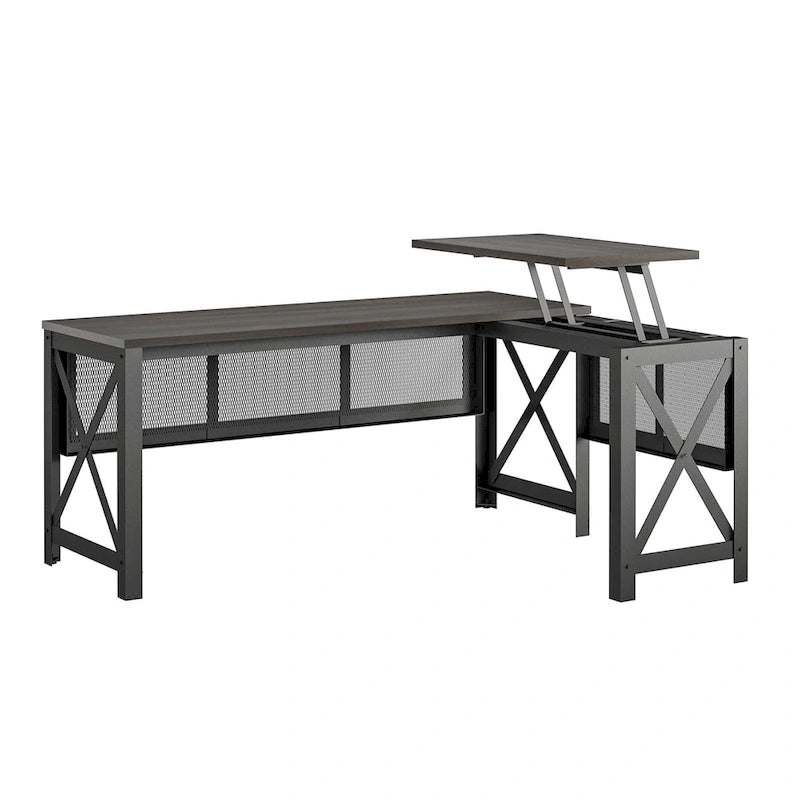 L-Shaped Lift Top Desk Rustic Industrial Walnut MDF Metal Frame Home Office