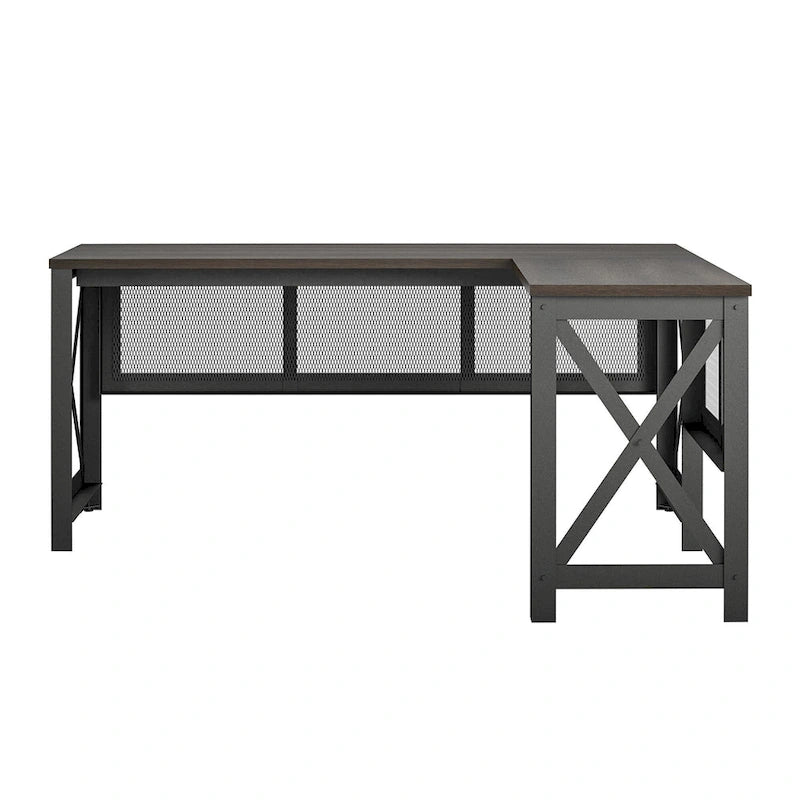 L-Shaped Lift Top Desk Rustic Industrial Walnut MDF Metal Frame Home Office