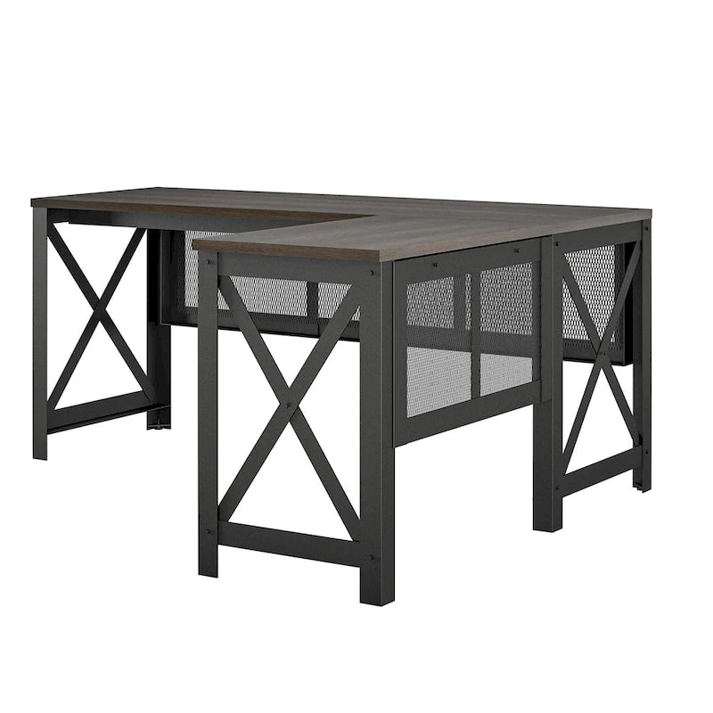 L-Shaped Lift Top Desk Rustic Industrial Walnut MDF Metal Frame Home Office
