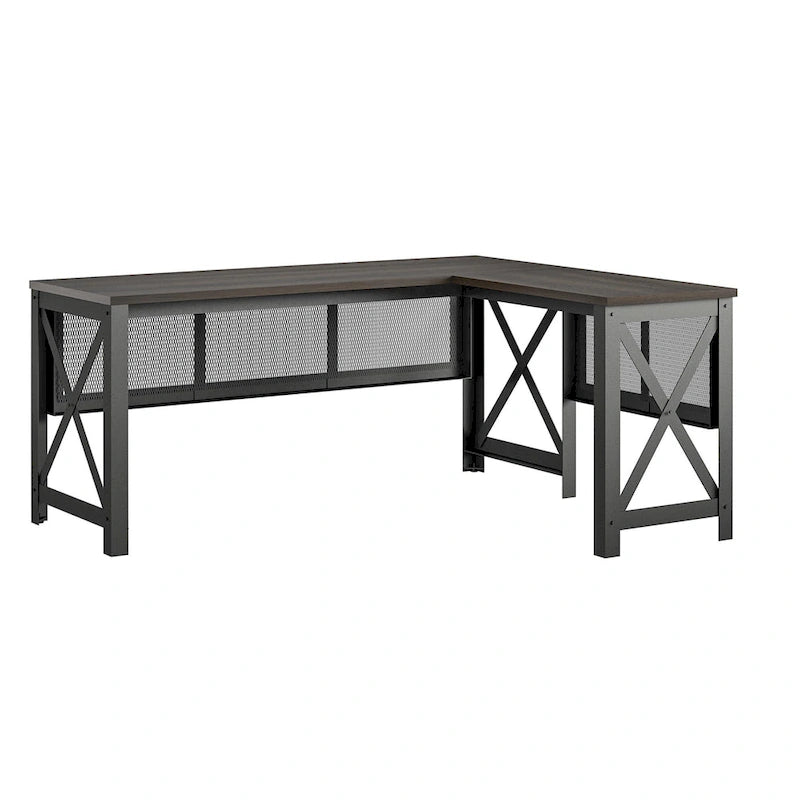 L-Shaped Lift Top Desk Rustic Industrial Walnut MDF Metal Frame Home Office