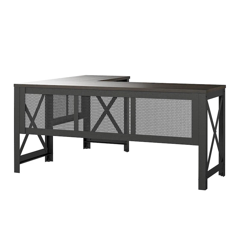 L-Shaped Lift Top Desk Rustic Industrial Walnut MDF Metal Frame Home Office