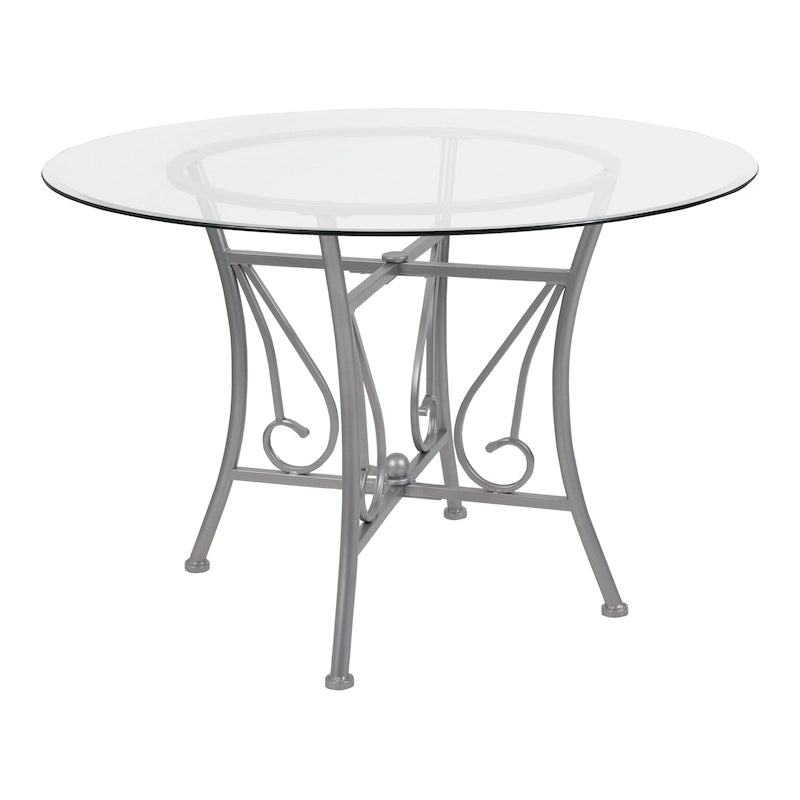 45" Round Clear Glass Dining Table Decorative Curl Metal Frame