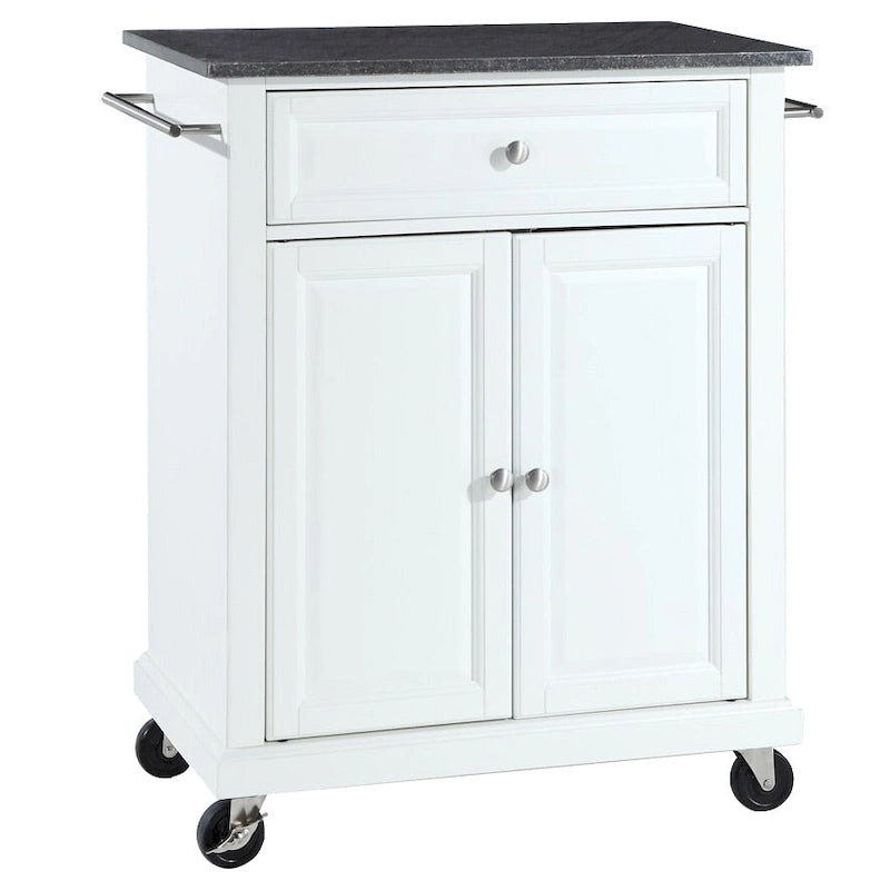 White Compact Kitchen Cart with Black Granite Top and Casters