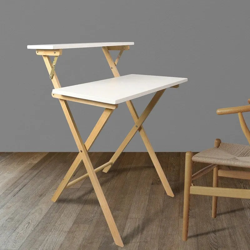 White Two-Tier Foldable Wood Laptop Desk with Dual Shelves