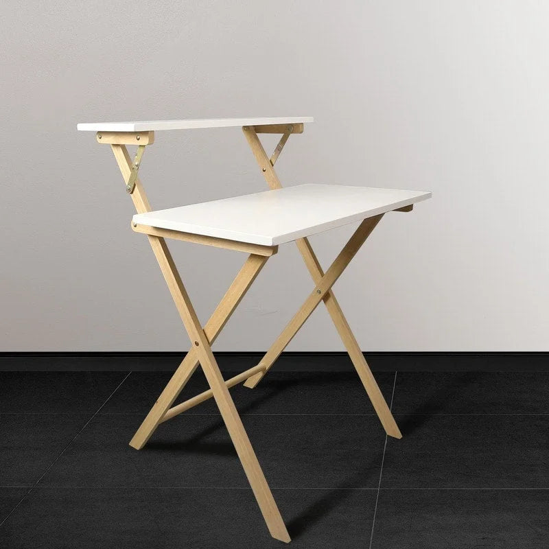 White Two-Tier Foldable Wood Laptop Desk with Dual Shelves