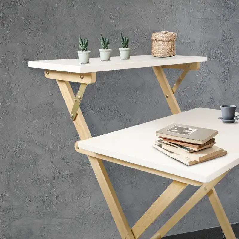 White Two-Tier Foldable Wood Laptop Desk with Dual Shelves