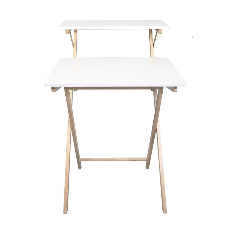 White Two-Tier Foldable Wood Laptop Desk with Dual Shelves