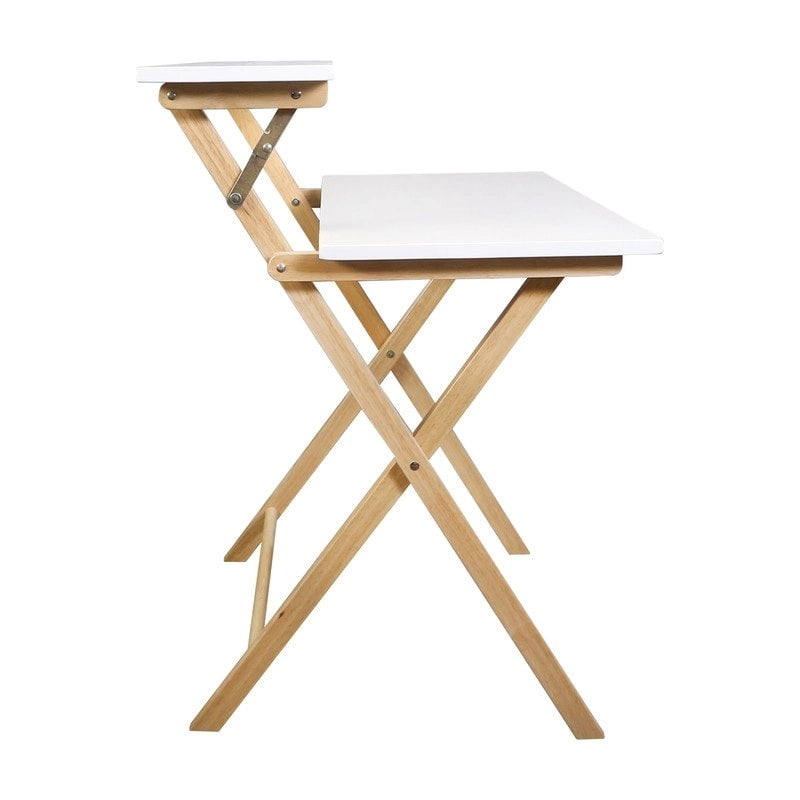 White Two-Tier Foldable Wood Laptop Desk with Dual Shelves