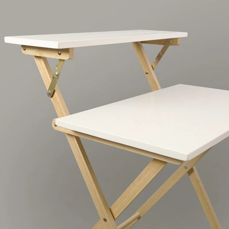 White Two-Tier Foldable Wood Laptop Desk with Dual Shelves