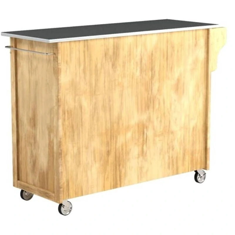 Natural Wood Kitchen Island Cart with Stainless Steel Top and Casters