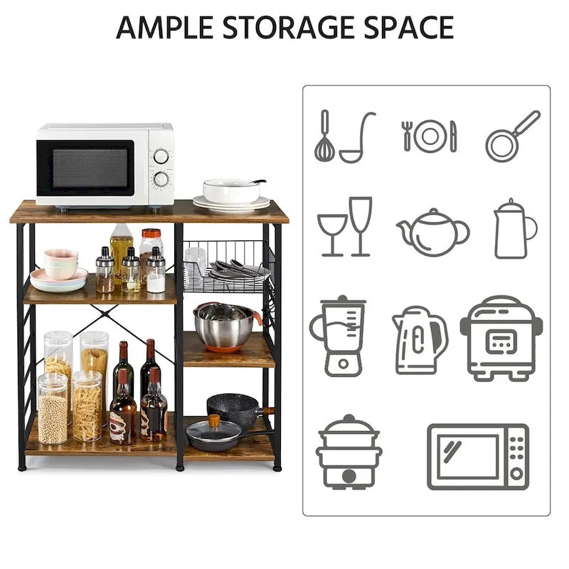 Industrial Baker's Rack Kitchen Storage Shelf with Metal Frame Rustic Brown