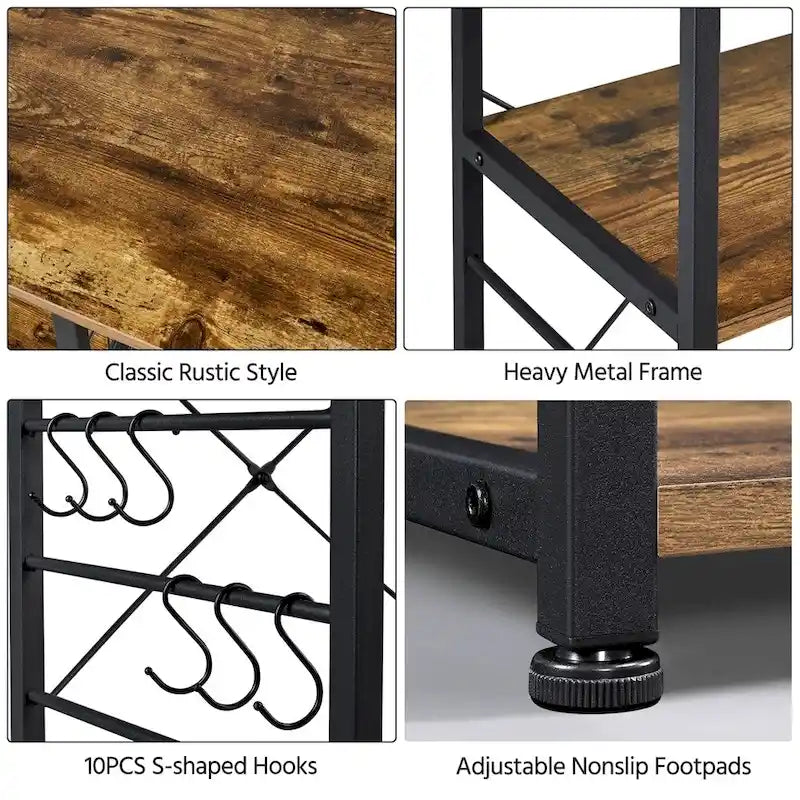 Industrial Baker's Rack Kitchen Storage Shelf with Metal Frame Rustic Brown