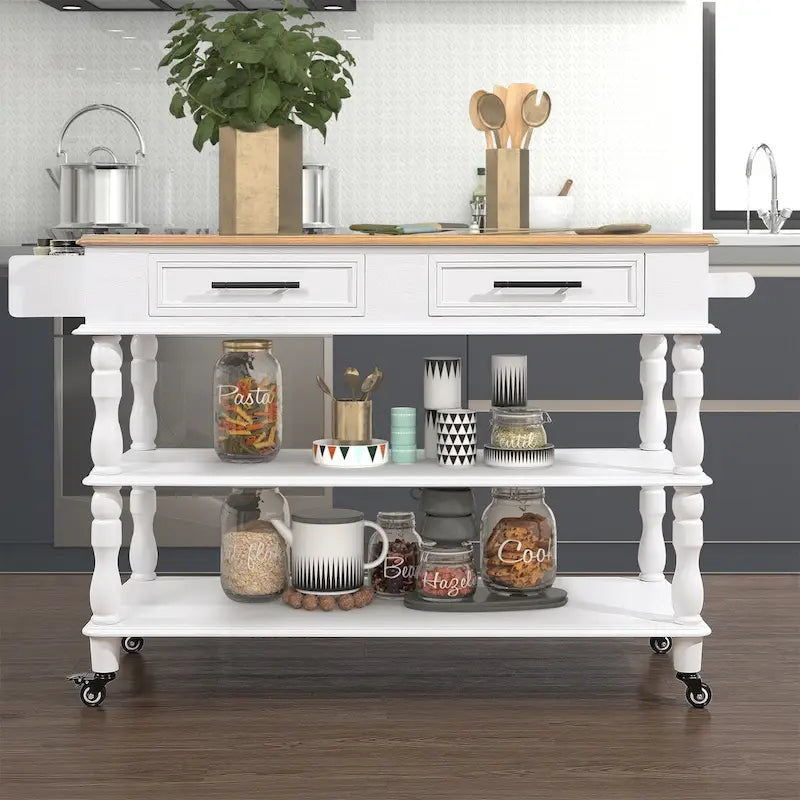 Solid Wood Rolling Kitchen Island Cart with Drawers and Open Shelves