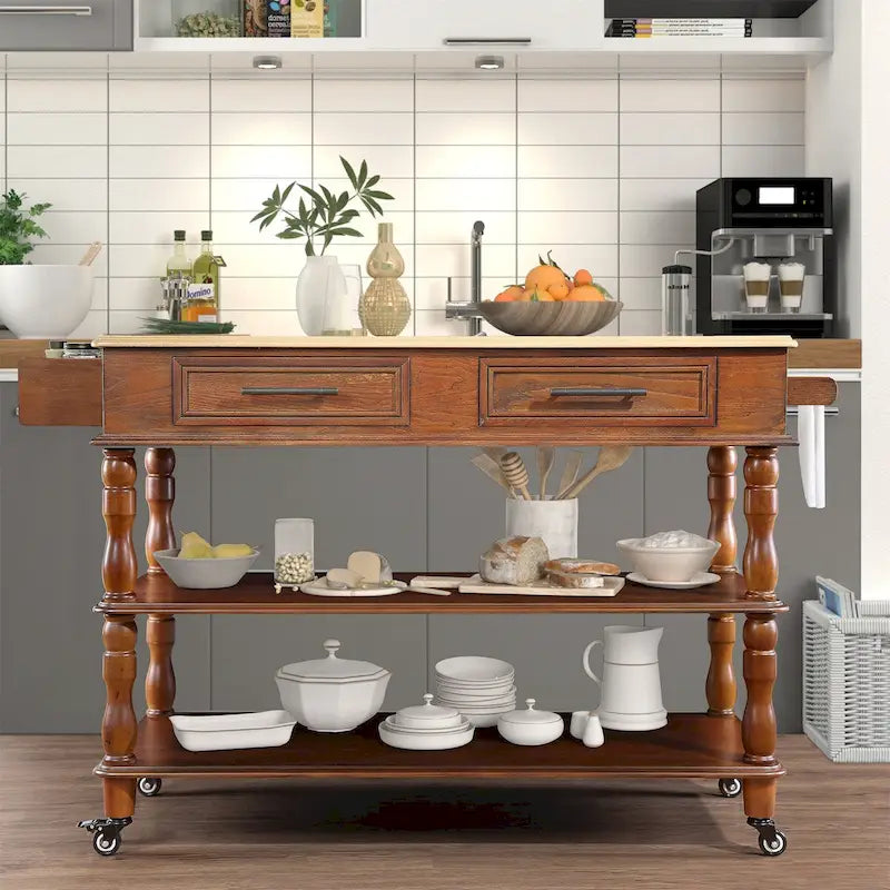 Solid Wood Rolling Kitchen Island Cart with Drawers and Open Shelves