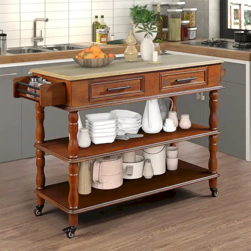 Solid Wood Rolling Kitchen Island Cart with Drawers and Open Shelves