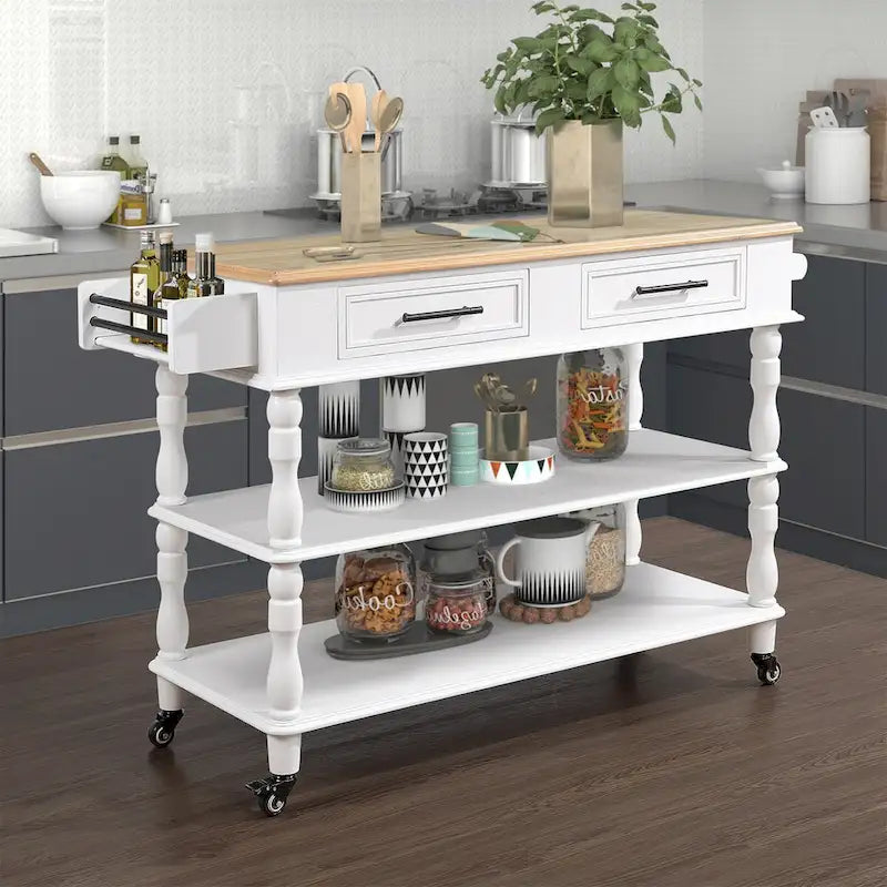 Solid Wood Rolling Kitchen Island Cart with Drawers and Open Shelves