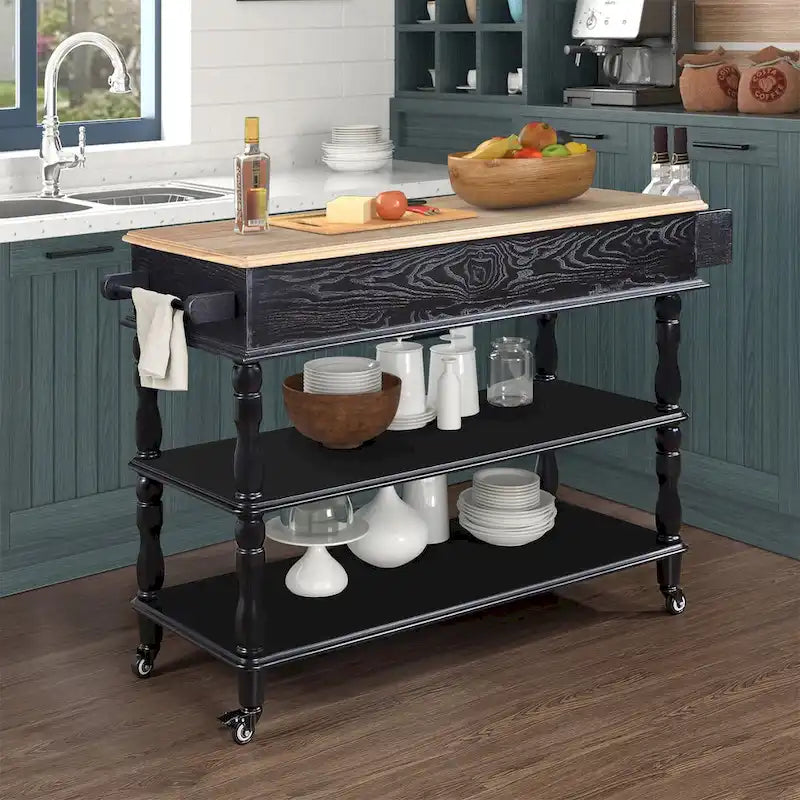 Solid Wood Rolling Kitchen Island Cart with Drawers and Open Shelves