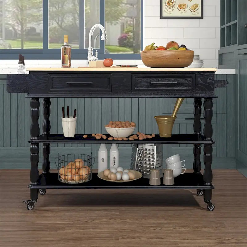 Solid Wood Rolling Kitchen Island Cart with Drawers and Open Shelves