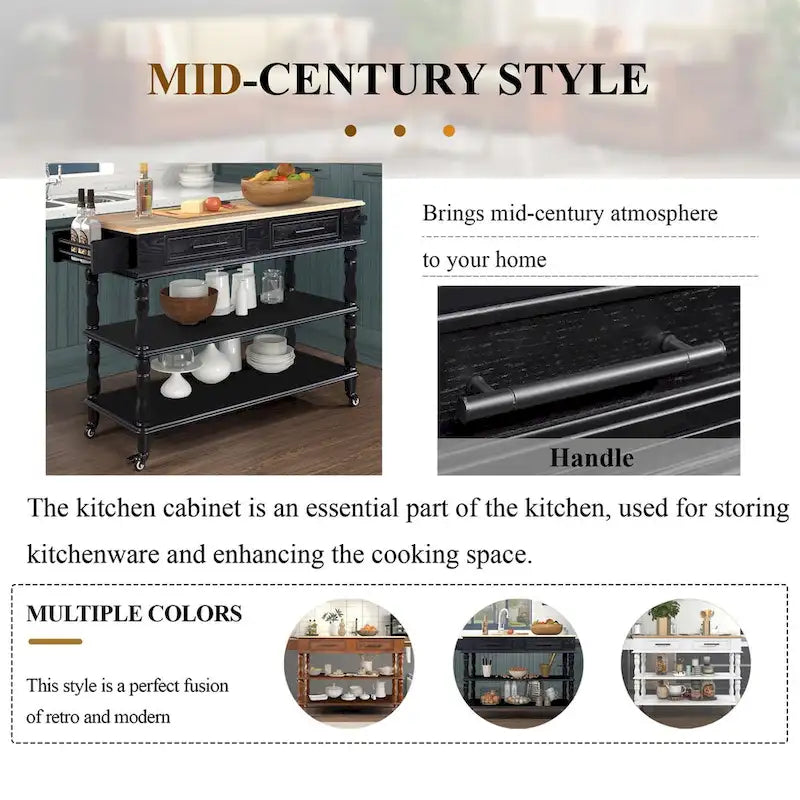 Solid Wood Rolling Kitchen Island Cart with Drawers and Open Shelves