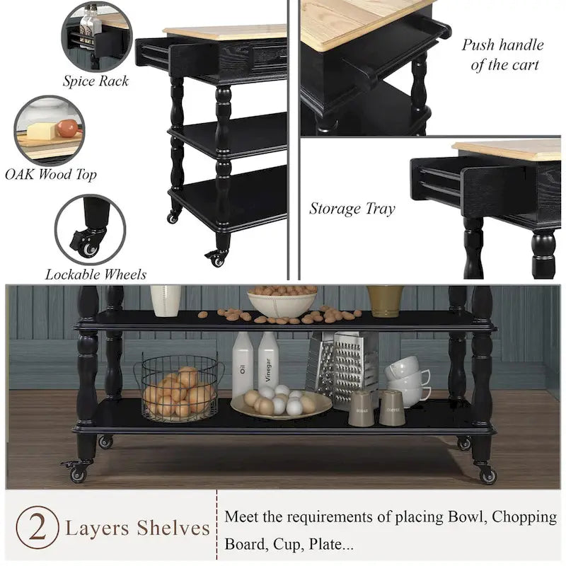 Solid Wood Rolling Kitchen Island Cart with Drawers and Open Shelves