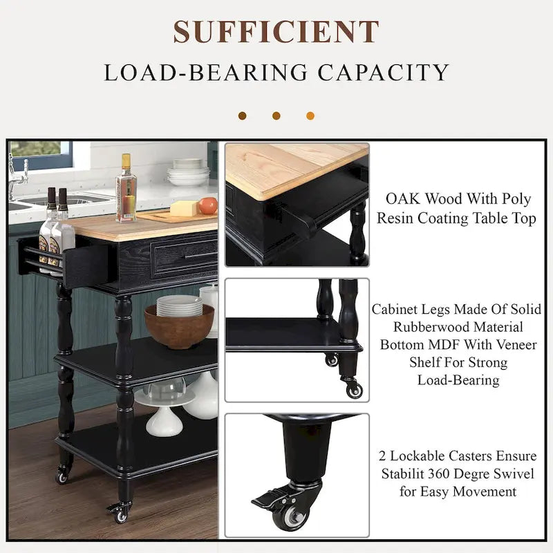 Solid Wood Rolling Kitchen Island Cart with Drawers and Open Shelves