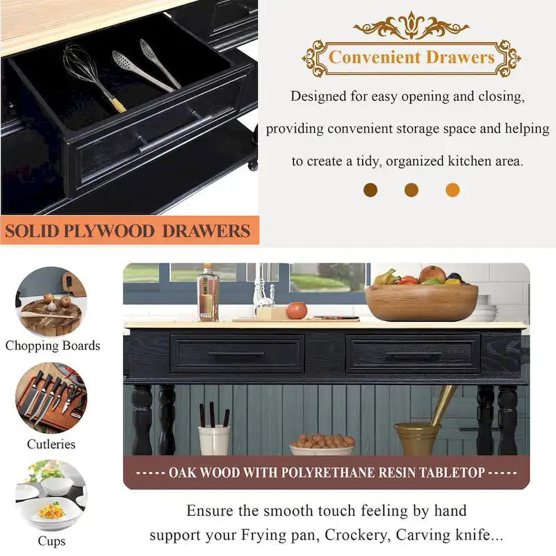 Solid Wood Rolling Kitchen Island Cart with Drawers and Open Shelves