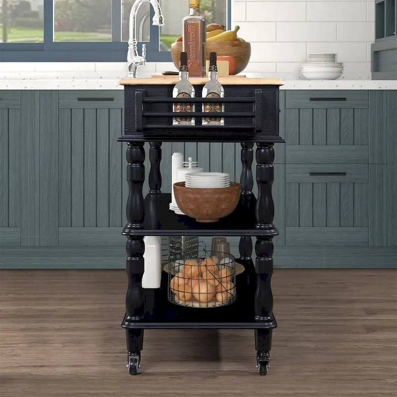 Solid Wood Rolling Kitchen Island Cart with Drawers and Open Shelves
