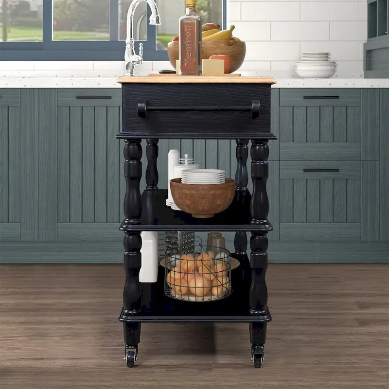 Solid Wood Rolling Kitchen Island Cart with Drawers and Open Shelves