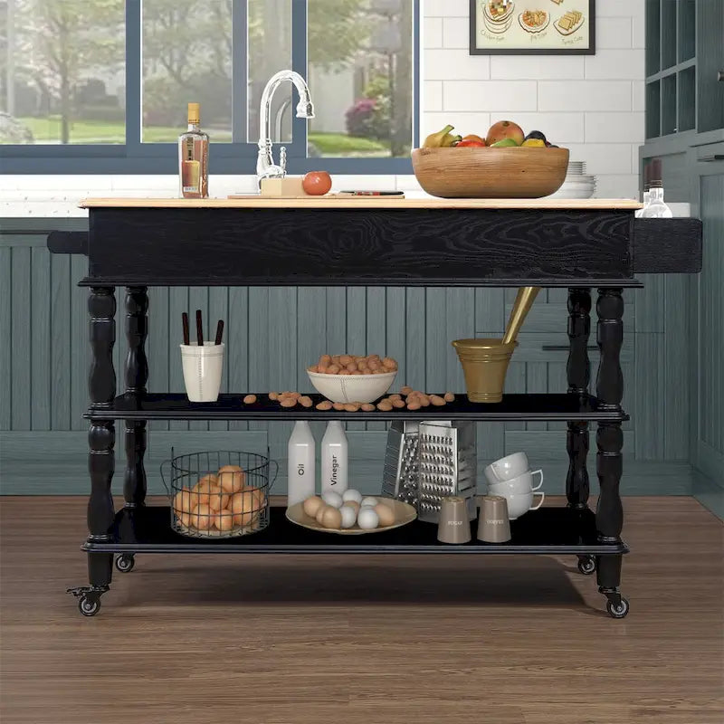 Solid Wood Rolling Kitchen Island Cart with Drawers and Open Shelves