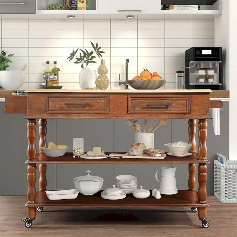 Solid Wood Rolling Kitchen Island Cart with Drawers and Open Shelves