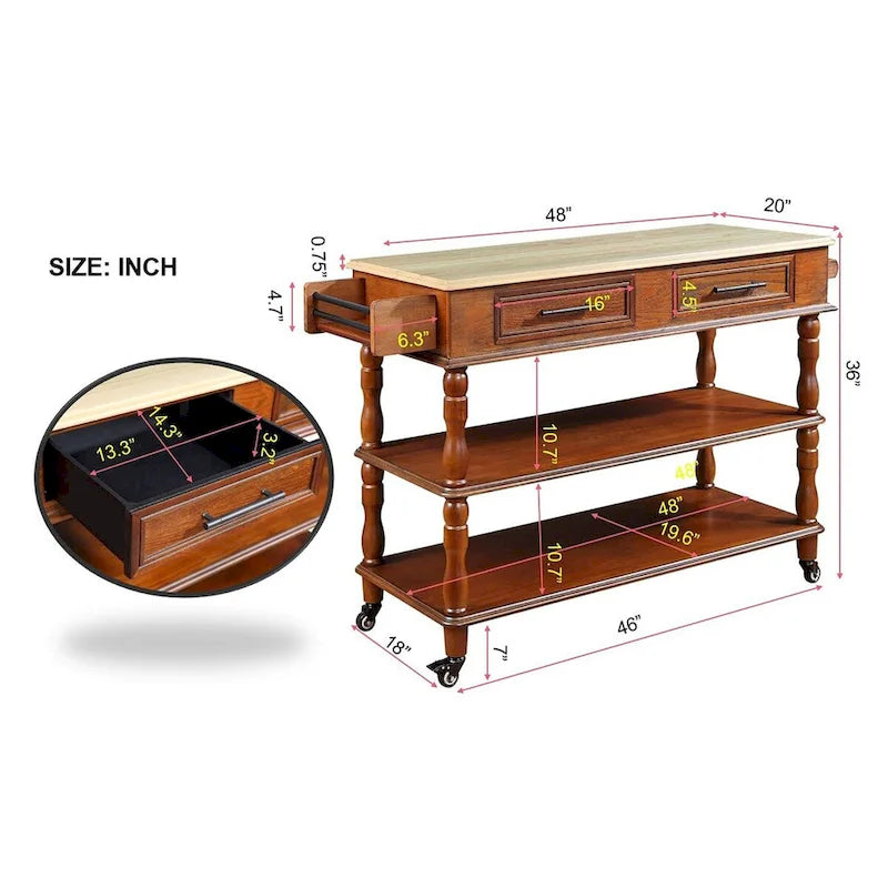 Solid Wood Rolling Kitchen Island Cart with Drawers and Open Shelves
