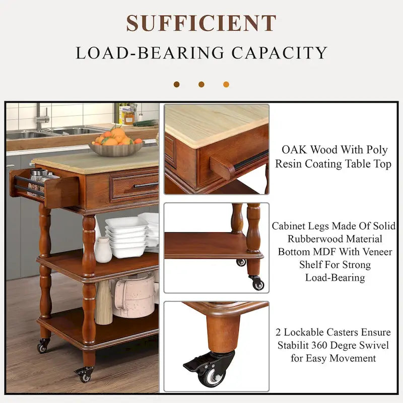 Solid Wood Rolling Kitchen Island Cart with Drawers and Open Shelves