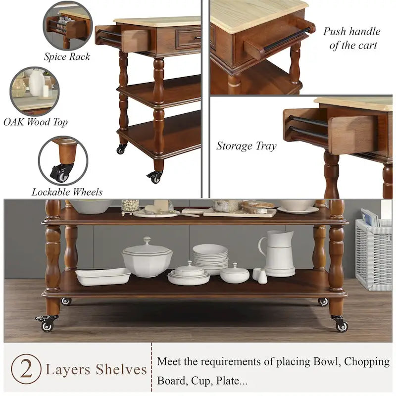 Solid Wood Rolling Kitchen Island Cart with Drawers and Open Shelves