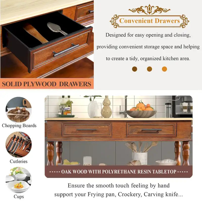 Solid Wood Rolling Kitchen Island Cart with Drawers and Open Shelves
