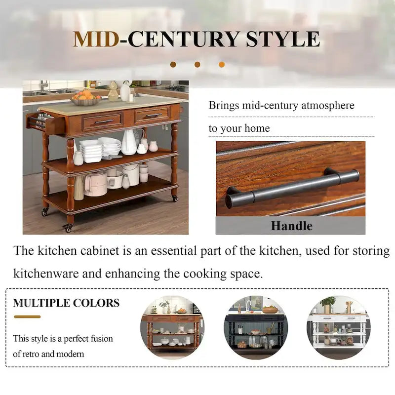 Solid Wood Rolling Kitchen Island Cart with Drawers and Open Shelves