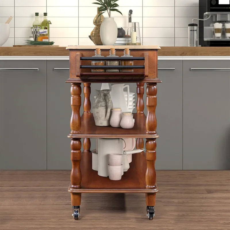 Solid Wood Rolling Kitchen Island Cart with Drawers and Open Shelves