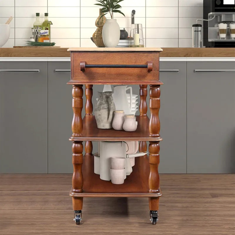 Solid Wood Rolling Kitchen Island Cart with Drawers and Open Shelves