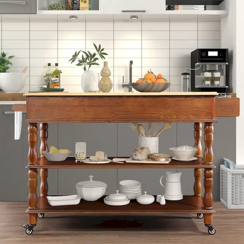 Solid Wood Rolling Kitchen Island Cart with Drawers and Open Shelves